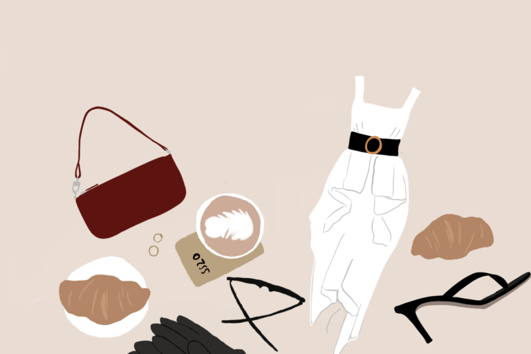 Digitální ilustrace dámského oblečení, kabelky, bot na podpatku, kávy a croissantu